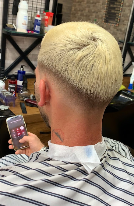 Bleached blonde crop haircut finished at Junction Barbers, Watford